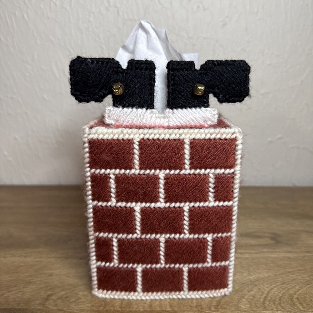 Vtg Christmas Handmade Plastic Canvas Chimney Santa Feet Tissue Box Cover 3D